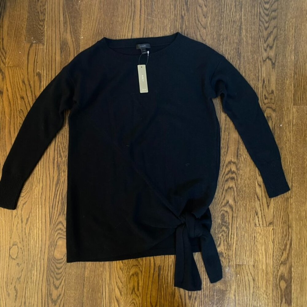 J. Crew black tie front bow black boat neck sweater XXS wool blend NWT